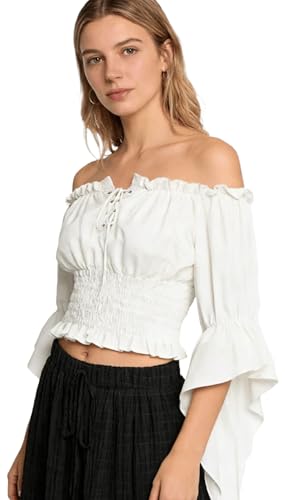 Womens Renaissance Blouse Peasant Corset Tops Off Shoulder Trumpet Sleeve Tops White