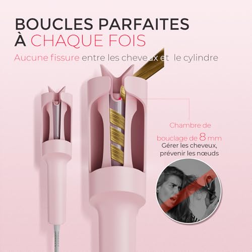TYMO Boucleur a Cheveux Fer à Friser Automatique - CURLPRO Fer a Boucler Automatique Portable 25mm avec 3 Températures Réglables, Anti-brûlure, Boucleur Céramique Cheveux Court et Long, Rose – vue 4