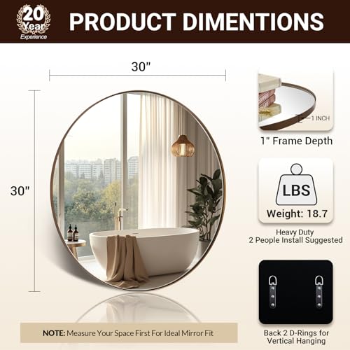 Image of ANDY STAR Round Wall Mirror, 30 Inches Brushed Bronze Bathroom Mirror, Modern Vanity Mirror in Stainless Steel Frame