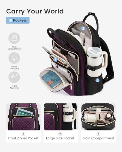 Image of LOVEVOOK Laptop Backpack for Women with Giant Tumbler Holder Pocket, 15.6 Inch Water Resistant Lightweight Daypacks for College Work Business, Nurse Teacher Computer Bags, Purple Black