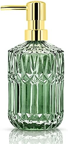 JTOOYS Glass Soap Dispenser, 400ml Clear Refillable Wash Hand Liquid, Dish Detergent, Shampoo Lotion Bottle with Pump for Bathroom, Kitchen, Laundry Room (Green)