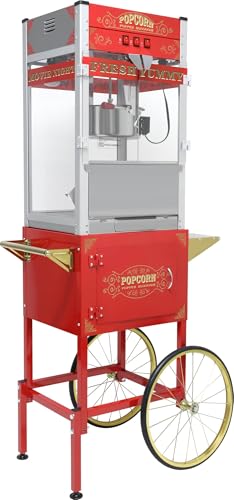 Commercial Popcorn Machine with Cart & Wheels 丨 Popcorn Maker with 22OZ Stainless Steel Kettle丨 Pop corn Machine Maker for Home, Theater, Parties, Red