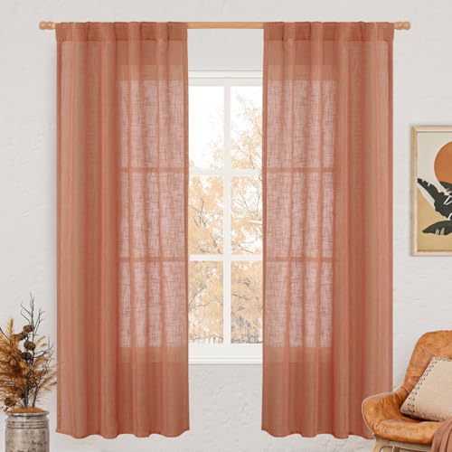 LAMIT Light Filtering Linen Curtains 72 inches Long for Bedroom, Linen Textured Semi Sheer Back Tab and Rod Pocket Boho Drapes for Window/Living Room, Terracotta, 2 Panels, 34 x 72 Inch