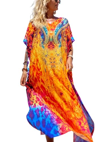 IMAGEKOPE Women's Plus Size Loose Fit Moroccan Print V-Neck Batwing Kaftan Beach Dress Bathing Suit Cover Up