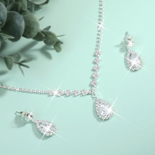 Unicra Rhinestone Necklace Earrings Set Silver Bridal Wedding Jewelry Sets Prom Bridesmaids Costume Jewelry Set for Women and Brides (A-Silver) - Thumbnail 5