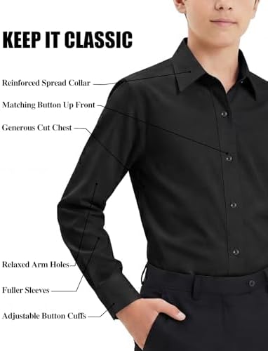 Spring&Gege Big Boys Formal Dress Shirts Stretch Wrinkle-Free Button Down Shirt Long Sleeve Solid Uniform Shirt for Kids School Wedding, Black, U.S.Size 18 — view 5