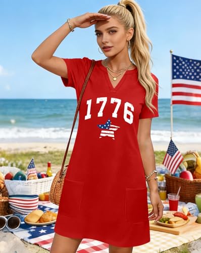 Image of Ithalt 4th of July Dresses for Women Patriotic Dress Red White and Blue Outfits American Flag V Neck Sundress with Pockets