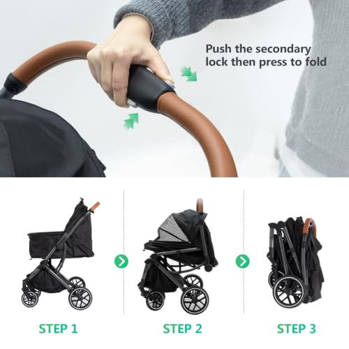 Pet Stroller for Small/Medium Dogs & Cats Up to 50 lbs,4 Wheels Foldable Pet Stroller with Reversible Handle, Removable Pad, Cup Holder and Storage Basket (Black) by Strocare - Image 7