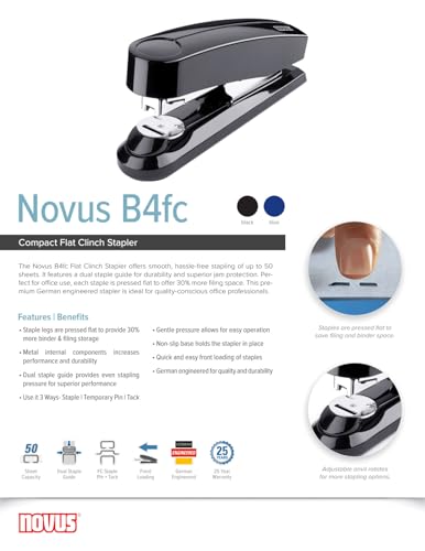 Novus B4fc Flat Clinch Stapler, 50 Sheet Capacity, Dual Staple Guide, German Engineered, Staple|Pin|Tack, Steel Drive, 25 Yr. Warranty, Black (020-1423) - Image 6