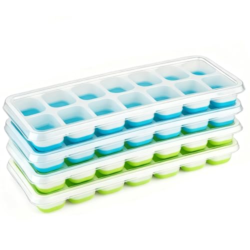 Ice Cube Trays 4 Packs Ice Cube Moulds with No-Spill Removable Lid Easy-Release Silicone and Flexible Ice Trays for Freezer Whiskey Cocktail and Drink