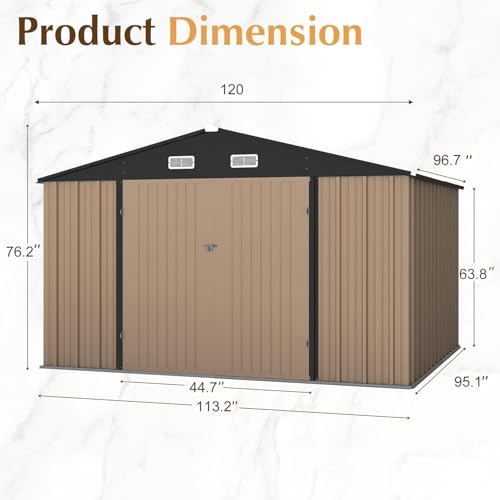 Image of GUNJI 10 x 8 FT Shed Outdoor Storage Shed Metal Garden Shed with Lockable Door Outside Waterproof Tool Shed for Backyard, Patio, Lawn (Brown)