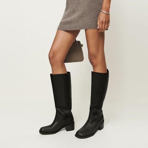 Image of DOEYG Women's Banana Knee High Boots Square Toe Chunky Block Heel Tall Boots Wide Calf Fashion Comfortable Casual Pull on Long Boots