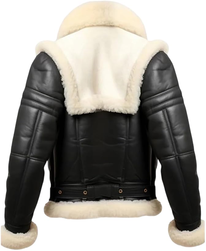 Hifa Men's Flying B3 Shearling Faux Fur Bomber Aviator Pilot Winter Jacket Genuine Sheepskin Leather, Black & White