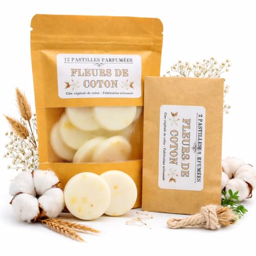 FLEURS DE COTON - Pastilles Parfumées, Cire Végétale de Colza, Fondants Parfumés pour Brûle Parfum, Senteur Fleurs de Coton, Bougie Parfumée (12...