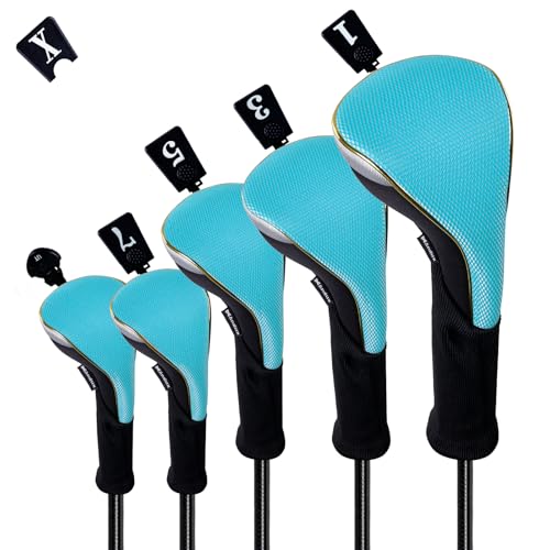 Andux 5Pcs/Set Gold Golf Woods Hybrids Club Head Covers Light Blue
