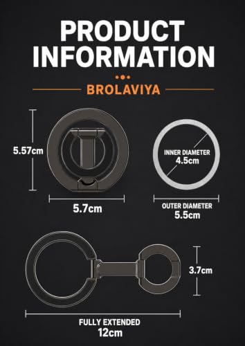 Image of BROLAVIYA Double-Sided Magnet with Kickstand Magnetic Phone Ring Holder Stand, Finger Grip, Foldable Metal Ring Compatible with iPhone 17 /16 /15 /14 /13 /12 & All Smartphones, Black