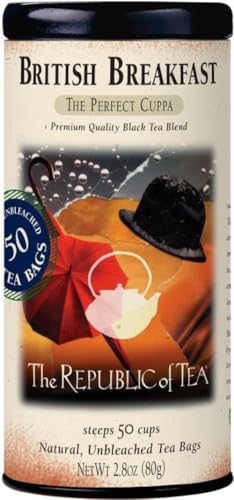 Image of The Republic of Tea British Breakfast Black Tea, 50 Count | Naturally Caffeinated. Made for morning or afternoon sipping. Brisk and full-bodied. Gluten Free and Kosher.