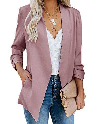 Soulomelody Women Blazers Casual Jackets 3/4 Sleeve Ruched Work Office Open Front Light Suits