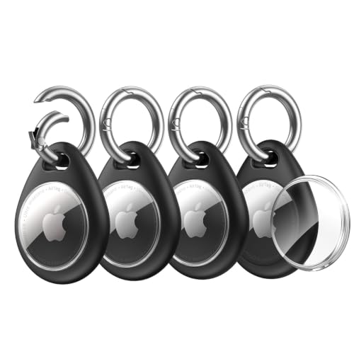 Image of UNBREAKcable Holder for Apple AirTag [Fit Tightly Design] [Easy to Install] [Hold Air Tag Securely] Waterproof TPU Shell Case with All Metal Keychain Key Ring Clip, 4 Pack, Black
