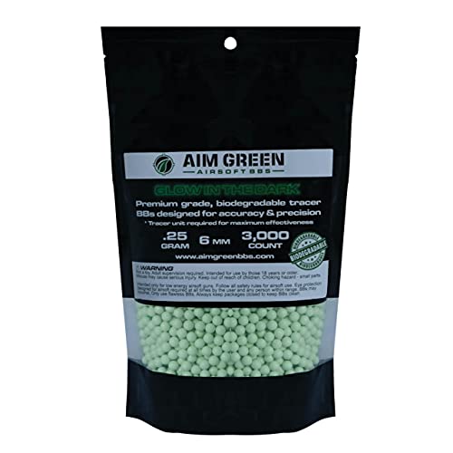 Aim Green: Tracer Glow in The Dark Biodegradable Airsoft BBS 6mm - 3,000 Airsoft BBS Pellets .25g Rounds - Spring, Gas, Co2 and AEG Pistols - Precision Rounds for Air Soft Sniper Riflesâ€¦