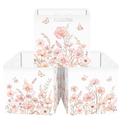 Clastyle Lot de 3 Boite Rangement Tissu Fleurs Cube de Rangement Pliable Femmes Panier Kallax pour Salle de Bain, Aquarelle, 30x30x30 cm