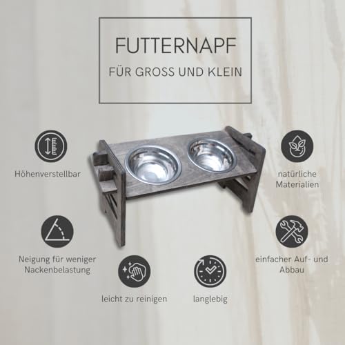 Personalisierte Futterstation in Grau | Erhöhter Futternapf für Hund und Katze | Fressnapf höhenverstellbar | Hundenapf erhöht | Katzennapf | Futterbar aus Holz
