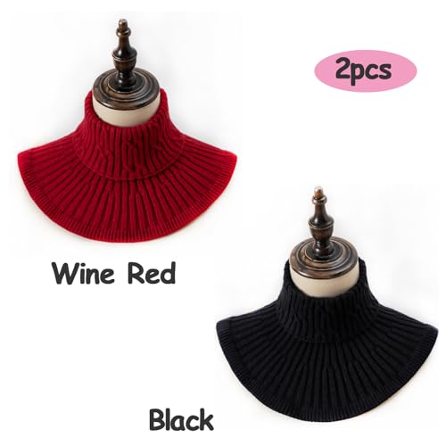 2pcs Knitting Fake Collar Solid Colored Knitted Fake Collar High Collars Turtleneck Dickey Collar Detachable Winter Collar Scarves for Women & Men (Black,Wine Red)2