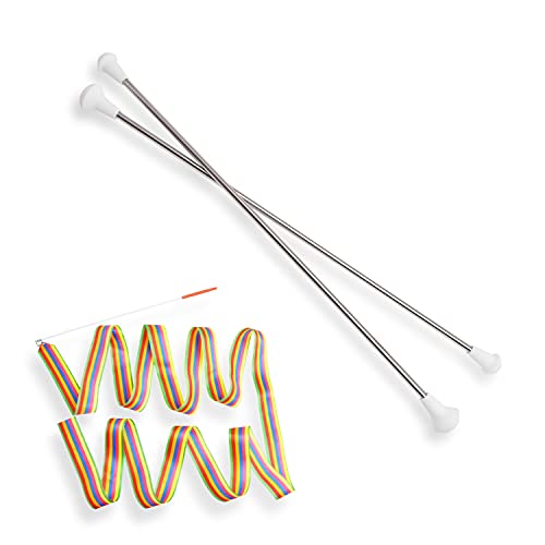 Bounec 2-Pack 26-inch Twirling and Marching Baton - Stainless Steel Mini Shaft Rod with Rubberized Tips - Complete with 1 Dance Ribbon Streamer for Gymnastics