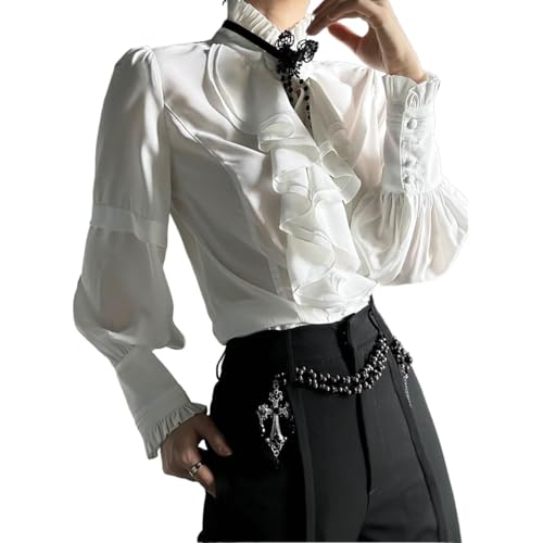 Y2K Ouji Fashion Victorian Blouse Women Vintage Emo Goth Grunge Visual Kei Lolita Shirt Tops Alt Clothes (White,Small)