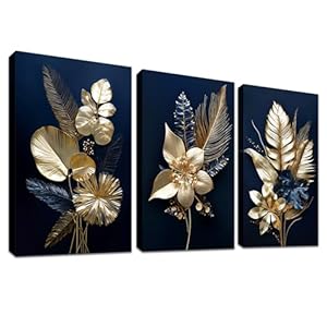 3 panelen houten ingelijst 3D marineblauw goud bloemen canvas muurkunst canvas prints tropische monstera kokosbladeren canvas schilderij foto voor woonkamer slaapkamer huis muurdecoratie 90 x 40 cm