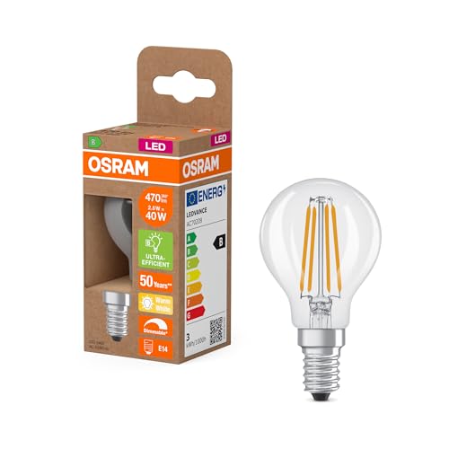 Osram Lampada Led Mini Candela Classic P40 Filament, 2,5W, E14, Trasparente, Design Piccolo, Consigliata Per Lampadari, Lampade Da Scrivania, Lampade 