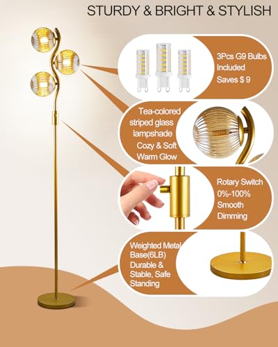 Image of Lightdot 60IN Dimmable Gold Floor Lamp with Glass Globe Mid Century Standing Lamps with 3Pcs 3000K Bulbs Included Modern Tall Lamp with 5Lbs Heavy Iron Base for Bedroom /Sofa Beside /Corner Decor