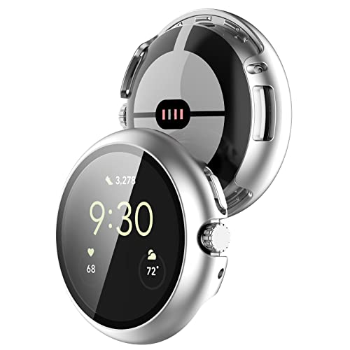 AWADUO Étui de protection pour montre intelligente avec couverture complète et film de protection d'écran en verre trempé compatible avec Google Pixel Watch, doux et durable (argenté) Cover