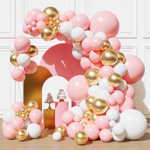 Image of Pink and Gold Balloons Balloons Garland Arch Kit, Pink and White Balloon with Metallic Gold Latex Balloons for Graduation, Wedding, Baby Shower, Engagement, Birthday Party Decorations