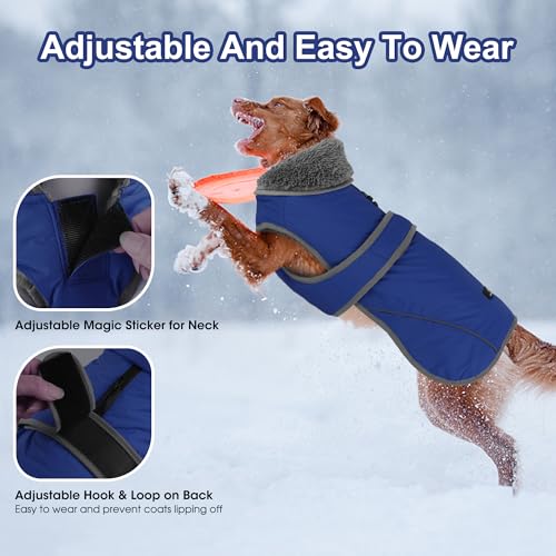 Image of Dogcheer Dog Coat, Waterproof Dog Jacket Reflective Pet Winter Coat with Adjustable Hook & Loop, Christmas Puppy Fleece Jacket Warm Turtleneck Snowsuit for Small Medium Large Dogs - Blue, 2XL