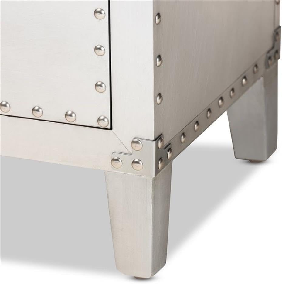BOWERY HILL Mid-Century 5-Drawer Wood/Metal Accent Chest, Silver Finish, 36.61" H x 17.72" W x 13.78" D, Industrial Design with Rivet Detailing, Stylish Storage for Bedroom, Living Room, or Hallway