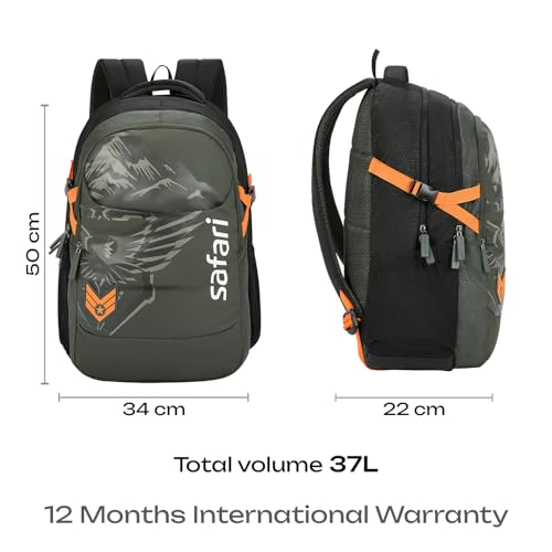 Image of Safari Terra 3 37L Casual Printed Backpack, School Bag for Boys and Girls, Travel Bag for Men and Women, 3 Compartments, Raincover, Armour Base, Organiser, Bottle Holder, Front Pocket, Olive