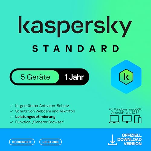 Kaspersky Standard Anti-Virus 2025 | 5 Geräte | 1 Jahr | Umfassender Schutz | Online-Banking Schutz | Leistungsoptimierung | PC/Mac/Mobile | Aktivierungscode per Email