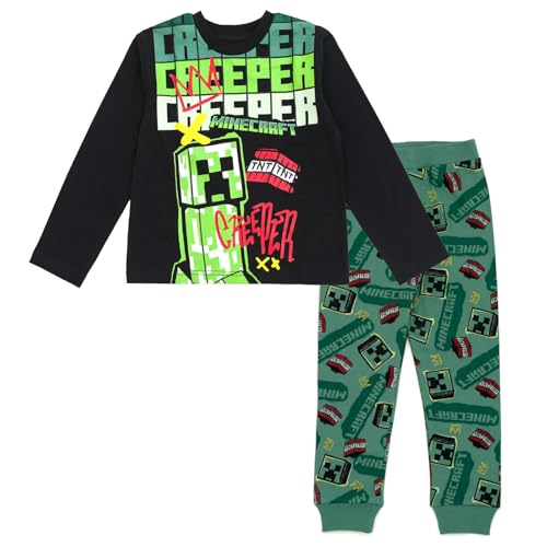 Minecraft Creeper Little Boys T-Shirt and Fleece Jogger Pants Outfit Set Black/Hunter Green 7-8
