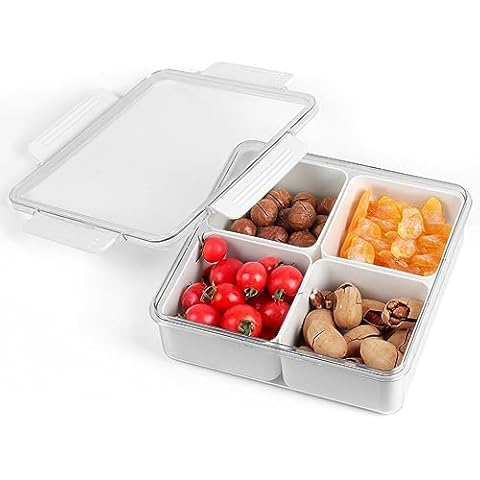 VIGIND Square Plastic Divided Serving Tray, White Platters for Serving Food for Party, 4 Compartment Snack Fruit Nuts Food Storage Container, Reusable Veggie Tray with Lid for Refrigerator Cover
