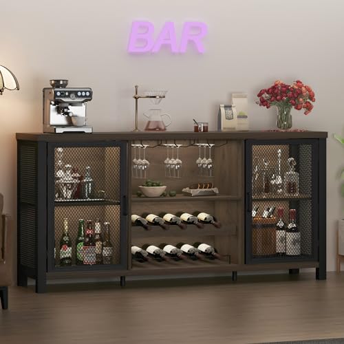 Wine-Bar-Cabinet-Industrial-Coffee-Bar-Cabinet-Farmhouse-for-Liquor-and-Glasses-Sideboard-Buffet-Cabinet-with-Storage-Rack-for-Home-Kitchen-Dining-Room-Rustic-Oak-55-In Wine Bar Cabinet Industrial Coffee Bar Cabinet Farmhouse for Liquor and Glasses Sideboard Buffet Cabinet with Storage Rack for Home Kitchen Dining Room Rustic Oak 55 In