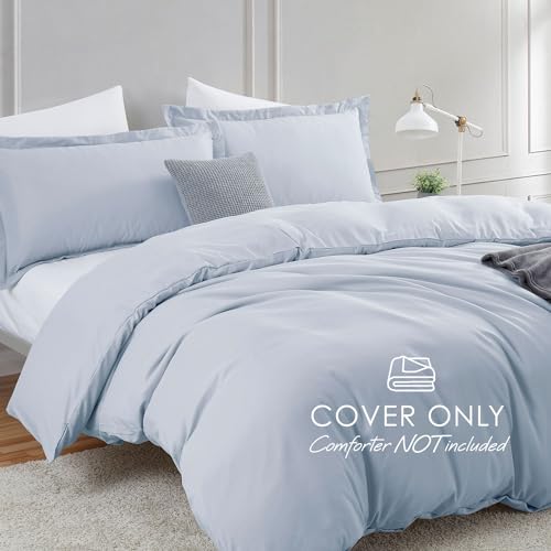 Image of Hearth & Harbor Ice Blue Duvet Cover Queen Size, 3 Piece Bedding Set | Soft Double Brushed Bedding Set, Button Closure, 1 Duvet Cover 90x90 Inches, 2 Pillow Shams