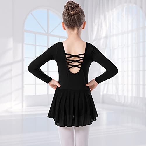 Girls Long Sleeve Dance Ballet Leotard Dress With Graceful Cross Back & Attached Skirt(Qt5029-06-L) #TOP3