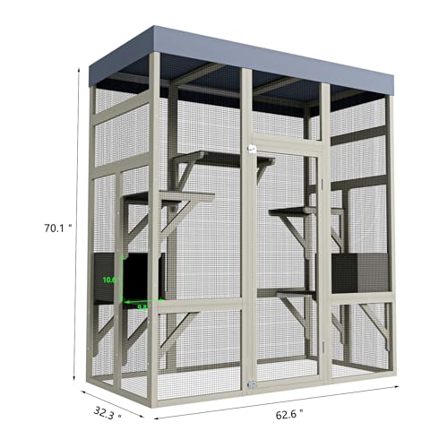 70” Catio Outdoor Cat Enclosure, Large Wood Cats House, Catio Window Cat Enclosure, Jumping Platform & 2 Napping Resting Box