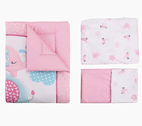 4Piece Soft Baby Girl Crib Bedding Set Pink Elephant Nursery Bedding Crib Set | Crib Comforter, Fitted Sheet, Dust Ruffle,Blanket #TOP5