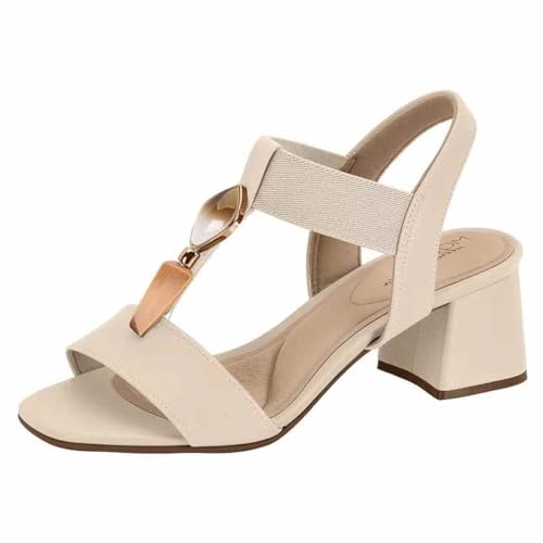 Sandália Feminina Modare Salto Grosso Pedraria Creme - 38