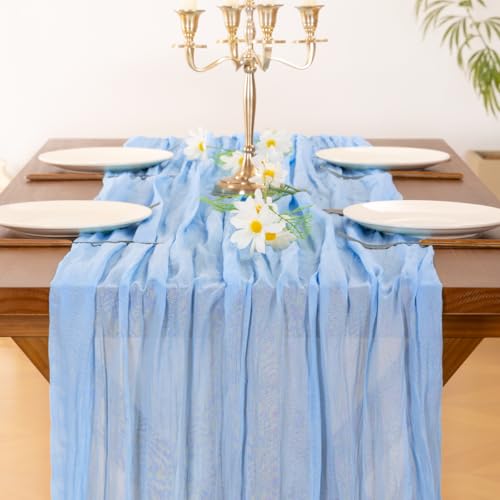 Image of Socomi 2pcs Light Blue Cheesecloth Table Runner Easter Spring Boho Rustic Gauze 120 inch 10FT Cheese Cloth Runner for Wedding Party Baby Shower Birthday Home Decor Holiday Decorations