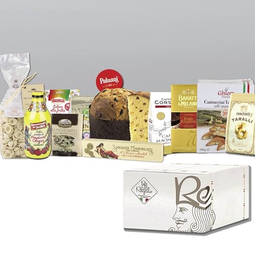 RE REGALO KIT DEGUSTAZIONE NATALE Cesto 12 Pezzi Panettone, Cioccolato, Cantuccini, Torrone Morbido, Sugo Al Basilico, Lenticchie, Pasta, Aceto, Olio EVO, Cotechino E Altri Prodotti Di Alta Qualità