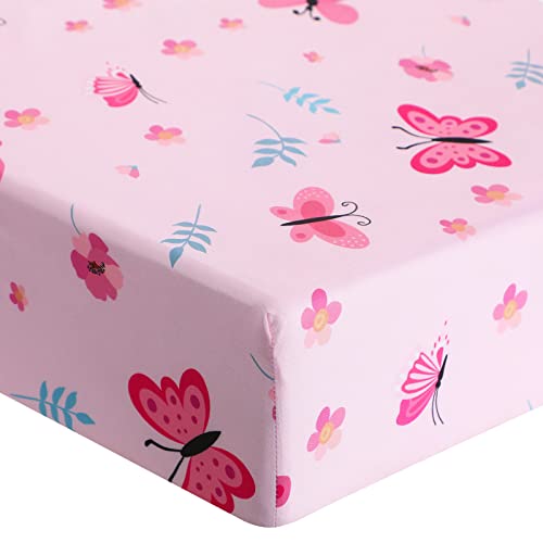 Tudomro 3 Pieces Butterfly Nursery Crib Bedding Set for Girls, Standard Size Bedding Sets with Comforter Fitted Sheet Crib Skirt(Pink) - Image 4