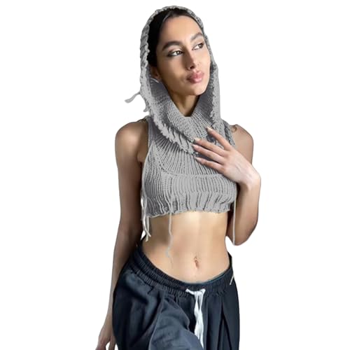 Image of Women's Knitted Hoodie Sweater Vest Sexy Sleeveless Hollow Out Hooded Crop Top Draped Sweatshirt Streetwear